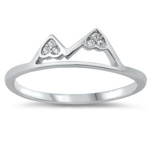 Sterling Silver CZ Ring – Mountain Peaks with Heart Accents (Size 8)